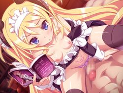 1boy akuma_de_oshioki! blade_(galaxist) blonde_hair blue_eyes book censored corona_(akuma_de_oshioki!) cowgirl_position dutch_angle female game_cg holding long_hair mosaic_censoring navel nipples no_bra official_art panties penis pink_panties small_breasts sweat tattoo thighhighs underwear