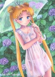 1girls bishoujo_senshi_sailor_moon blonde_hair blue_eyes blush clothing double_bun dress female female_only flower holding hydrangea long_hair looking_at_viewer nightgown nipples no_bra panties polka_dot polka_dot_panties rain sarah_sauge see-through see-through_clothing small_breasts smile solo teenager tied_hair traditional_media twintails umbrella underwear usagi_tsukino wet wet_clothes