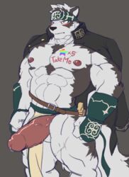 anthro balls belt big_penis blush body_writing canine clothing croiyan erection headband humanoid_penis kemono loincloth male male_only mammal muscular muscular_male open_jacket pecs penis precum solo standing tokyo_afterschool_summoners vein