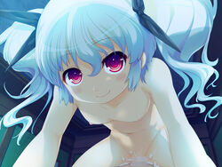 alice_soft blush bow censored collarbone cowgirl_position cum drapeko! drapeko!_onedari_dragon_to_oppai_yuusha female game_cg kuu_(drapeko!) nipples nude red_eyes sex small_breasts smile tied_hair top twintails vaginal_penetration white_hair yaegashi_nan