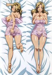 1girls areolae ass back bare_back bare_shoulders barefoot bed blonde_hair blue_eyes blush breasts dakimakura feet female highres kamimura_akiko kouzaka_kouhei large_breasts long_hair looking_at_viewer lying nail_polish naked_towel nipples nude on_stomach open_mouth ponytail pussy sideboob sisters_~natsu_no_saigo_no_hi~ smile soles solo solo_female sweat tied_hair toes towel wet