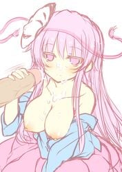 blush breasts censored cum expressionless facial female handjob hata_no_kokoro kokoro_hata kusano_(torisukerabasu) large_breasts long_hair long_sleeves looking_at_viewer mask nipples noh_mask off_shoulder open_clothes open_shirt penis pink_eyes pink_hair sketch touhou