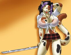 anthro breasts candy christian cross dyed_hair feline female fur furry gideon hoodie-ninja! huge_breasts hyper katana lollipop piercing plaid pussy solo sword thin_shirt weapon