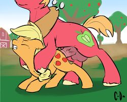 2013 applejack_(mlp) balls big_macintosh_(mlp) blonde_hair brother_and_sister building clopper-dude color cutie_mark day duo equine female feral freckles friendship_is_magic fur hair horse incest male my_little_pony orange_fur outdoors penetration penis pony red_fur sex straight yoke