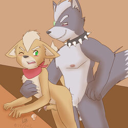 aeron_(artist) anthro canine cum cumshot fox fox_mccloud fur furry male multiple_males muscles orgasm penis sex star_fox video_games wolf wolf_o'donnell yaoi