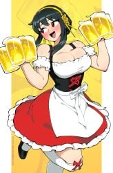 1girls 333_(dqqqdle) alcohol alternate_costume apron bar_maid bare_shoulders barmaid beer beer_mug black_hair blush breasts cleavage cup dirndl dress female female_only frilled_dress frills german_clothes hairband holding holding_cup large_breasts long_hair mug open_mouth red_dress red_eyes sidelocks spy_x_family sweat white_apron yor_briar yor_forger