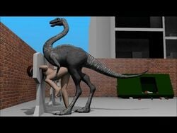 1boy 1girls 3d alley ambiguous_penetration animated copyright_request dinosaur dumpster female feral feral_penetrating feral_penetrating_human forced gallimimus human nude_female pillory rape raven555 rough scalie stocks zoophilia