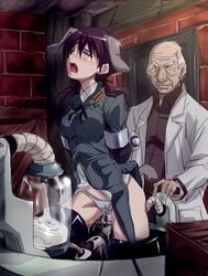 1boy animal_ears artificial_insemination bald blush bondage bound_arms bound_legs clothing cum dog_ears female gertrud_barkhorn helpless higashitaishi labcoat medium_breasts old_man open_mouth panties panties_aside purple_hair sex_machine strike_witches tears underwear unwanted_impregnation vaginal_penetration