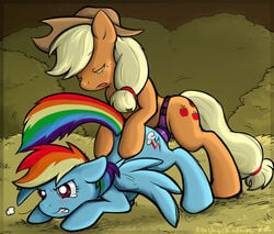 2012 applejack_(mlp) bent_over blonde_hair blue_fur blush cowboy_hat cutie_mark dildo duo equine female feral freckles friendship_is_magic hair hat hay horse multicolored_hair my_little_pony orange_fur pegasus penetration pony purple_eyes rainbow_dash_(mlp) rainbow_hair ryoshockwave sex sex_toy strap-on vaginal_penetration wings yuri