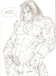 1boy 2012 anthro balls erection feline fur furry leopard male male_only muscles penis snow_leopard solo zavian