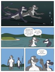 anthro balls barefoot casual_nudity cetacean comic completely_naked completely_nude completely_nude_female completely_nude_male female foreskin humanoid_genitalia humanoid_penis killer_whale male mammal nature navel nipples non-mammal_navel non-mammal_nipples nonsexual_nudity orca outdoor_nudity outside pecs penis scribefang spear speech_bubble swimming teeth third-party_edit uncircumcised underwater weapon