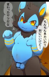 1boy 2017 anthro belly black_border black_fur blue_fur blush censor_bar censored clothed clothing dialogue feline flaccid foreskin fur furry hi_res humanoid_penis japanese_text lion luxio male male_only navel nintendo no_nipples nude okunawa paws penis pokémon_(species) pokemon pokemon_dppt red_nose semi-anthro slightly_chubby small_penis smile solo standing stripes sweat tail talking_to_viewer testicles text topless translated video_games yellow_eyes