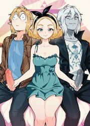 1girls 2boys animated blonde_hair breasts cum dark_link double_handjob elf handjob link multiple_boys non-web_source penis pointy_ears princess_zelda snegovski tagme the_legend_of_zelda white_hair zelda_(tears_of_the_kingdom)