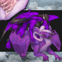 anthro blue_eyes body_marks close-up cum cum_in_pussy cum_inside doggy_style dragon feathers female fengzhou from_behind green_eyes horn jakthedrox male open_mouth penetration penis purple_body sex straight tongue vaginal_penetration wings