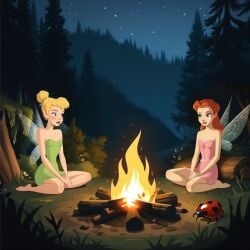 2girls ai_generated alternate_version_available bare_arms bare_legs bare_shoulders barefoot blonde-haired_female blonde_female blonde_hair blue_eyes campfire clothed clothed_female disney disney_fairies dress fairy fairy_only fairy_wings female female_only fire forest forest_background grass green_dress green_eyes hair_bun ladybug light-skinned_female light_skin lipstick long_hair looking_at_another looking_at_each_other minidress nature night night_sky nighttime outdoors outside peter_pan_(disney) pine_tree pink_dress plant png pointy_ears red_hair redhead_female rosetta_(disney_fairies) sitting sitting_on_ground starry_sky strapless strapless_dress tinker_bell tree uzzlegorf