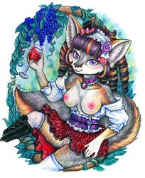 2013 alcohol anthro auradeva beverage breasts canine collar drink female fox fur furry grey_fur hair hat purple_hair pussy top_hat wine