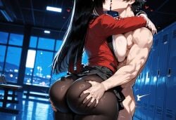 ai_generated ass_focus ass_up big_ass big_breasts big_butt big_thighs black_hair cute huge_ass huge_breasts huge_butt huge_thighs jabami_yumeko kakegurui kissing miyuai pantyhose red_eyes school_uniform seductive sexy sexy_armpits skirt thick thick_ass thick_butt thick_legs thick_thighs