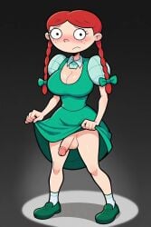 1futa 1girls aged_up ai_generated balls black_background blush bottomless braided_twintails embarrassed exposed_penis freckles futanari green_dress hairbow hey_arnold! humiliation lila_sawyer nickelodeon nightmare penis penis_out puffy_sleeves rarewaifus red_hair shoes skirt skirt_lift small_penis small_penis_humiliation socks solo spotlight standing testicles twin_braids