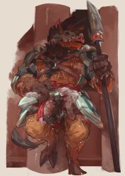 anthro armor babanasaur balls bodily_fluids cloven_hooves fur genitals hait hi_res hooves male mammal melee_weapon muscular muscular_anthro muscular_male pauldron penis polearm pubes solo spear suid suine sus_(pig) sweat tail tusks weapon wild_boar