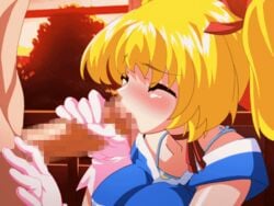 1boy 1girls animated blonde_hair blue_eyes censored clothed_female_nude_male erogos fellatio gloved_handjob gloves handjob licking light-skinned_female light-skinned_male light_skin mahotama miki_(mahotama) pink_gloves stroking