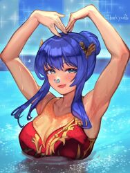alternate_costume alternate_hairstyle armpits arms_up blue_eyes blue_hair caeda_(fire_emblem) dancing fire_emblem fire_emblem:_shadow_dragon_and_the_blade_of_light hair_bun intelligent_systems looking_at_viewer nintendo nose_clip outdoors partially_submerged performance performing pool posing r123 red_swimsuit smile smiling sparkles swimming swimming_pool synchronized_swimming water wet