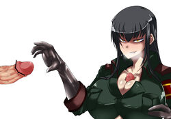 black_gloves black_hair breasts censored cleavage elbow_gloves female gloves heavy_breathing huge_breasts kamen_no_hito large_penis magic_penis military military_uniform no_bra original paizuri paizuri_under_clothes penis pointless_censoring saeko_busujima tsurime uniform yellow_eyes