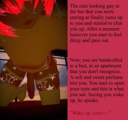 1femboy 3d aksheskd big_penis caption cock cute cute_face dick english_text femboy glasses imdedcuzidkwhy kidnapped looking_at_viewer lying lying_on_back lying_on_bed male on_bed partially_clothed penis pinning_down red_eyes red_hair taker_pov text thick_thighs thighhighs vrchat