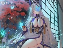 azur_lane between_breasts blue_butterfly breasts bug butterfly cg choko_(cup) cleavage closed_mouth copyright_name cup female grey_hair hair_over_one_eye holding holding_cup japanese_clothes kimono large_breasts logo long_hair long_sleeves looking_at_viewer multicolored_hair one_eye_covered purple_eyes sakazuki single_thighhigh sitting smile solo streaked_hair thigh_strap thighhighs thighs tree unzen_(azur_lane) very_long_hair white_hair wide_sleeves