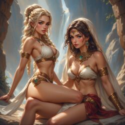 ai_generated bikini blonde_hair brown_hair chain_leash chains harem harem_outfit leash sex_slave sla slave slave_bikini slave_collar slave_outfit spoils_of_war