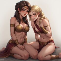 2girls ai_generated bikini blonde_hair brown_hair chains female harem harem_outfit leash slave slave_bikini slave_collar slave_outfit