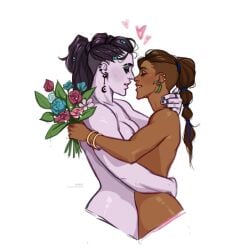 2girls beauregard_lionett bodies_pressed_together breasts brown_hair cookieduh_(edit) couple critical_role dark-skinned_female dungeons_and_dragons earrings edit edited_by_uploader female female_focus female_only flower holding_object hugging imminent_kiss minko mohawk naked naked_female olena_minko pressed_together pressing_breast_on_partner pressing_breasts_together purple_body shaved_side tagme violet_hair violet_skin wholesome yasha_nydoorin yuri