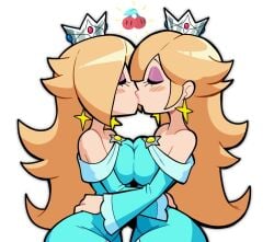 2girls bare_shoulders big_breasts blonde_hair blush blush_lines blushing breast_press breasts breasts_to_breasts breasts_touching clone closed_eyes crown double_cherry dress eyeshadow female female/female female_focus female_only kissing large_breasts light-skinned_female light_skin long_blonde_hair makeup mario_(series) medium_breasts nintendo princess_rosalina purple_eyeshadow scott_falco scottfalco_(artist) selfcest side_view sideboob simple_background super_mario_3d_world super_mario_galaxy super_mario_galaxy_(2026_film) white_background yuri