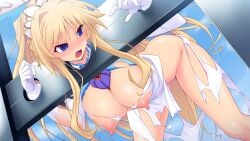 angry bent_over between_breasts blonde_hair blue_eyes blue_sky blush bondage bound bound_wrists braid breasts brooch cloud day defeat dress dutch_angle elbow_gloves erika_la_etienne female game_cg gloves hanging_breasts jewelry kourin_tenshi_en_ciel_rena large_breasts large_variant_set leaning_forward long_hair magical_girl nipples non-web_source official_art open_mouth pillory ponytail public_use puffy_nipples restrained saitou_natsuki scowl shiny_skin sidelocks sky solo stationary_restraints suhamaya torn_clothes torn_dress variant_set very_long_hair white_dress white_gloves