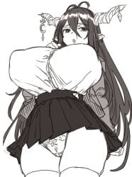:o antenna_hair bow bow_panties breasts cardigan commentary cowboy_shot danua draph earrings female granblue_fantasy greyscale hair_between_eyes highres horn_ornament horns houtengeki huge_breasts jacket jewelry large_breasts long_hair long_sleeves looking_at_viewer miniskirt monochrome open_cardigan open_clothes panties pantyshot pleated_skirt pointy_ears shirt shirt_tucked_in simple_background skirt solo standing thighhighs underwear very_long_hair white_background