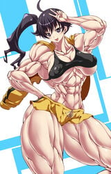 1girl 1girls :d abs ahoge alternate_body_type alternate_muscle_size araragi_karen arm_up bakemonogatari bangs bare_arms biceps big_breasts big_muscles black_hair black_tank_top black_top blue_background breasts bright_pupils cameltoe cleavage commentary_request covered_nipples cowboy_shot crop_top curvy extreme_muscles eyebrows_visible_through_hair feet_out_of_frame female female_only grey_eyes gym_clothes gym_shorts gym_uniform hair_between_eyes hand_on_hip hand_on_own_hip head_tilt huge_muscles human human_only hyper jacket jacket_on_shoulders jacket_open large_breasts light_blush long_hair looking_at_viewer medium_bangs midriff monochrome_background monogatari_(series) muscle muscle_girl muscles muscular muscular_arms muscular_female muscular_legs muscular_thighs navel nisemonogatari no_bra open_clothes open_jacket open_mouth ponytail posing posing_for_the_viewer purukogi_(plasma_beach) shiny_hair short_shorts shorts side_ponytail smile solo solo_female sports_shorts sportswear standing stomach tank_top teenage_girl teenager thick_thighs thighs tongue track_jacket two-tone_background underboob undersized_clothes v white_background wide_hips yellow_jacket yellow_shorts