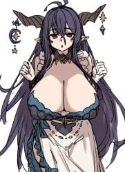 antenna_hair black_hair breasts cleavage commentary corset cowboy_shot danua draph female frilled_sleeves frills granblue_fantasy hair_between_eyes highres horn_ornament horns houtengeki huge_breasts large_breasts long_hair looking_at_viewer official_alternate_costume pointy_ears red_eyes simple_background sleeveless solo standing very_long_hair white_background