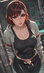 1futa ai_generated balls breasts bulge cleavage commander_shepard dickgirl femshep futa_only futanari futashep green_eyes intersex inviting jamesbron looking_at_viewer mass_effect medium_breasts navel_visible_through_clothes no_panties open_pants penis penis_bulge penis_peek penis_under_clothes short_hair solo solo_futa standing tank_top wide_hips