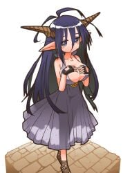 adapted_costume antenna_hair black_gloves black_hair breasts cleavage covered_navel danua draph dress expressionless female fingerless_gloves from_above full_body gloves granblue_fantasy half-closed_eyes hands_on_own_chest highres horns large_breasts long_hair long_pointy_ears looking_at_viewer looking_up pointy_ears see-through_silhouette sleeveless sleeveless_dress solo standing tsuda_takashi