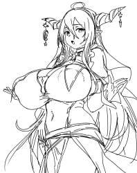 antenna_hair black_hair breasts cleavage commentary corset cowboy_shot danua draph female frilled_sleeves frills granblue_fantasy hair_between_eyes highres horn_ornament horns houtengeki huge_breasts large_breasts long_hair looking_at_viewer official_alternate_costume pointy_ears red_eyes simple_background sleeveless solo standing very_long_hair white_background