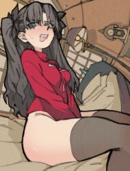 1girls amlogamer bare_hips bare_thighs bed black_hair blush bottomless breasts covering covering_crotch embarrassed fate/stay_night fate_(series) female hips long_hair looking_at_viewer rin_tohsaka solo sweater thick thick_thighs thighhighs thighs tohsaka_rin tsundere twintails