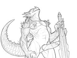 1boy belly big_penis claws dragon erection hair humanoid lizard lizardman looking_at_viewer male male_only monochrome nude penis rollwulf scalie sketch solo spikes standing sword teeth thick_tail weapon