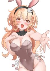 big_breasts blush breasts bunny_ears bunnysuit cleavage compa hand_on_breast leotard light_skin looking_at_viewer neptunia_(series) open_mouth orange_eyes orange_hair solo thick_thighs xueli_shimazaki