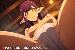 1girl ai ai_art ai_generated blush breasts breasts_apart cameltoe collarbone crotch elf facial_mark from_below indoors long_hair looking_at_viewer looking_down medium_breasts nipples overlord panties parted_lips pointy_ears purple_eyes purple_hair pussy_juice red_eyes solo spread_legs steam steaming_body sweat topless underwear