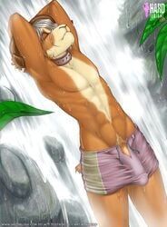 anthro armpits caprine clothes collar color day furry hair kayiko male male_only no_humans outdoors penis pubes ram shorts skinny solo waterfall wet white_hair