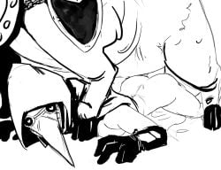 1boy 1girls 2015 ambiguous_penetration armor bandage cum cum_inside cum_pool darkest_dungeon doggy_style female front_view heart hi_res male male/female mask masked_female monochrome monster monster_cock monster_on_female pig plague_doctor plague_doctor_(darkest_dungeon) polyle sex source_request swine swinetaur_(darkest_dungeon)