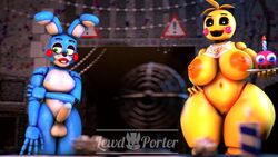 3d 3d_(artwork) beakless bib big_breasts blue_nipples buckteeth erection five_nights_at_freddy's green_eyes hand_on_hip holding_object huge_toy_chica lewdporter looking_away mouth_closed office orange_nipples pink_cheeks red_cheeks red_lips red_lipstick shy toy_bonnie_(fnaf) toy_chica_(fnaf) white_eyes