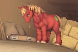 2013 anatomically_correct balls barn big_macintosh_(mlp) blonde_hair cutie_mark earth_pony equine feral freckles friendship_is_magic fur green_eyes hair hay horse inside male male_only mammal my_little_pony penis pony possible_duplicate sheath signature solo standing wiredhooves