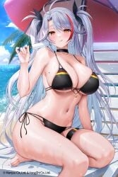 1girls :q antenna_hair azur_lane bare_arms bare_shoulders barefoot beach beach_umbrella bikini black_bikini black_choker black_ribbon blue_sky blush breasts cg choker cleavage closed_mouth cloud cross cross_earrings day earrings female fit_female flag_print food german_flag german_flag_bikini grey_hair hair_ribbon hand_up holding holding_food hourglass_figure jewelry large_breasts light-skinned_female long_hair looking_at_viewer lounge_chair mole mole_on_breast multicolored_hair navel ocean official_alternate_costume orange_eyes outdoors palm_tree popsicle prinz_eugen_(azur_lane) prinz_eugen_(unfading_smile)_(azur_lane) red_hair side-tie_bikini_bottom sideboob sitting skindentation sky slim_waist smile solo stomach streaked_hair swept_bangs swimsuit thigh_strap thighs tongue tongue_out tree two_side_up umbrella underboob very_long_hair water wet wide_hips