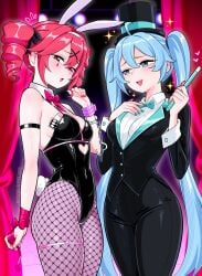 2girls absurdres animal_ear_hairband animal_ears aqua_bow aqua_bowtie aqua_nails black_hat black_jacket black_leotard black_pants blue_eyes blush bow bowtie breasts bunny_ears bunny_tail bunnysuit card collared_shirt drill_hair elpipe3000 elpipe_3000 fake_animal_ears fake_tail female female_only fishnet_pantyhose fishnets hair_between_eyes hairband hat hatsune_miku highleg highleg_leotard highres holding holding_stick jacket kasane_teto leotard long_hair looking_at_another magician medium_breasts multiple_females multiple_girls open_mouth pants pantyhose playing_card playing_with_own_hair rabbit_ear_hairband rabbit_ears rabbit_hole_(vocaloid) rabbit_tail red_bow red_bowtie red_eyes red_hair red_nails shirt sidelocks stick tail tattoo teardrop_tattoo top_hat twin_drills twintails utau vocaloid white_hairband white_shirt