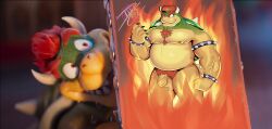 absurd_res anthro balls belly body_hair bowser bowser_showing_his_painting chest_hair claws dillcresta dragon fire flaccid foreskin genitals hi_res horn humanoid_genitalia humanoid_penis koopa male mario_(series) mario_bros musclegut muscular muscular_male mythological_creature mythological_scalie mythology nintendo nipples overweight penis pubes scalie shield smile solo spikes standing super_mario_galaxy super_mario_galaxy_(2026_film) the_super_mario_bros_movie uncircumcised unretracted_foreskin